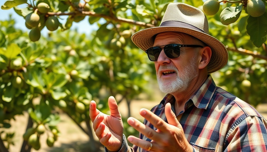 Man in garden teaching about saving figs from bugs, sunny day.