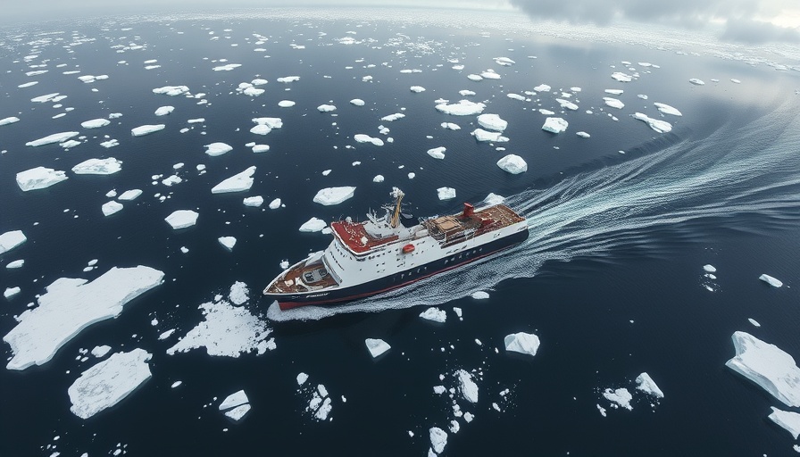 Aerial view of ship navigating icebergs, real-time ice monitoring focus.