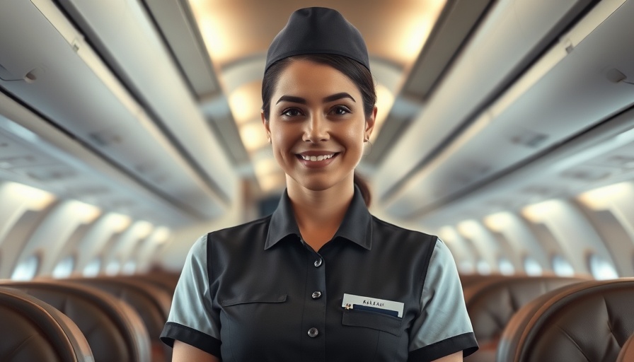 Smiling flight attendant in blue uniform shares senior travel flight tips in airplane cabin.