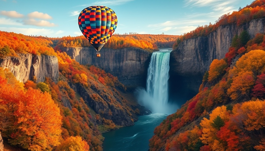 Scenic fall destination with vibrant foliage and hot air balloon.