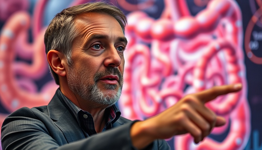 Focused man discussing cancer prevention with an anatomical illustration background.