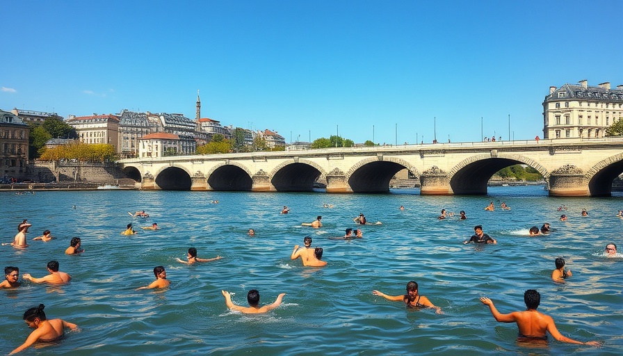 People swimming in a sustainable Parisian river on a sunny day.