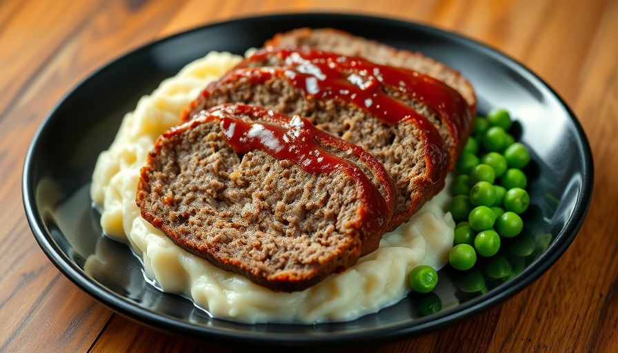 Best homemade meatloaf with mashed potatoes and peas on a plate.