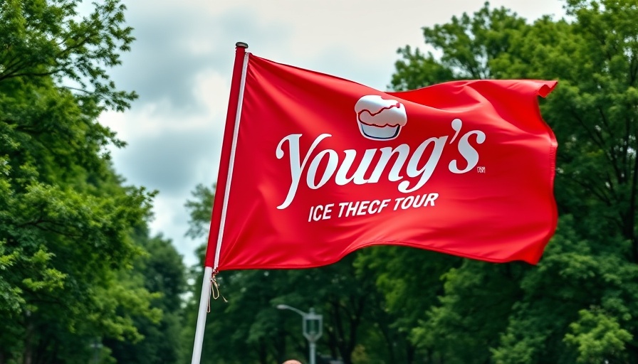 Young's Ice Cream charity bike tour flag in a park setting.