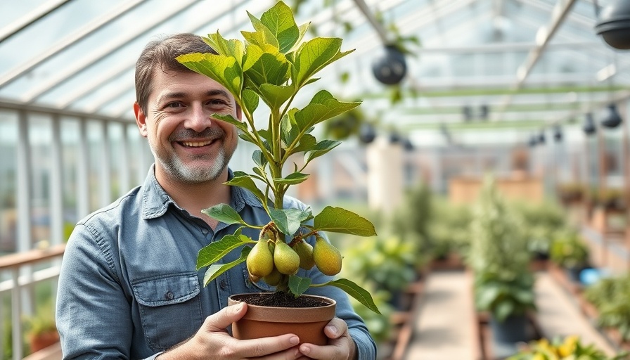 Man with a young fig tree, displaying fig tree nubs, in front of a greenhouse.
