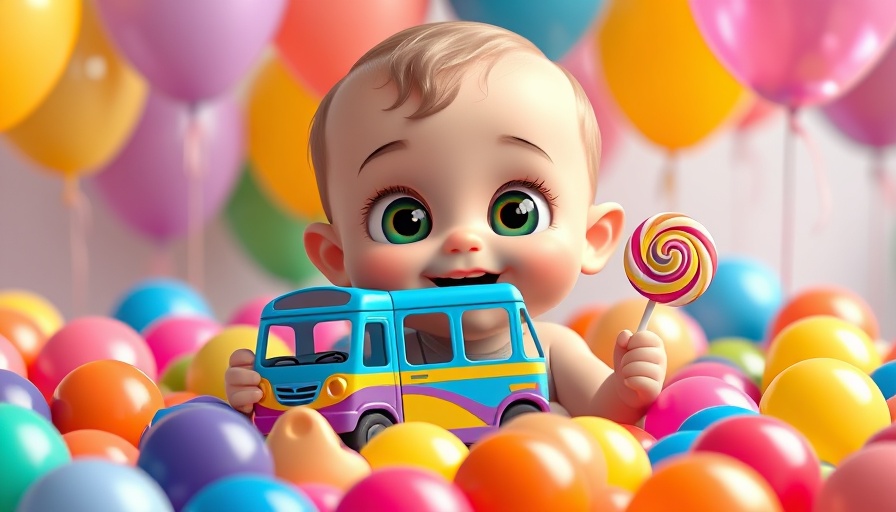 Children fun with a cartoon baby in colorful ball pit.