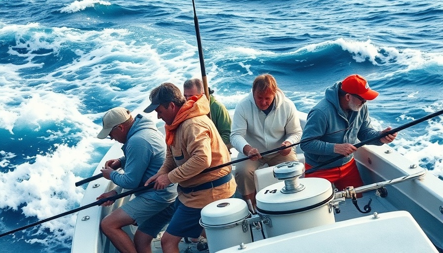 Blue-collar party boat fishing scene in NYC with fishermen at sea