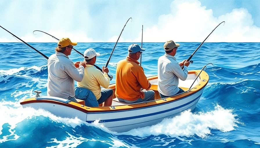 Group fishing on NYC party boat in watercolor style, dynamic ocean scene.