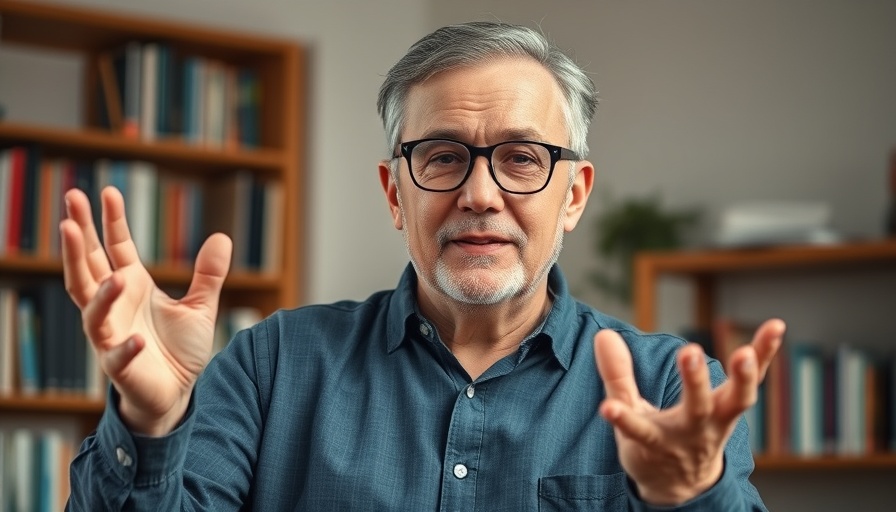 Engaging middle-aged man indoors discussing healthy foods that help fight cancer.