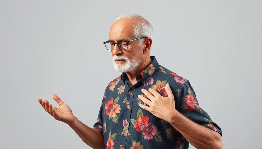 Older man showing shoulder relief with mannequin, floral shirt, bright setting.