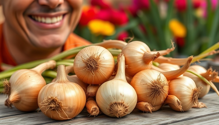 Freshly harvested onions with person smiling - onion harvesting tips.