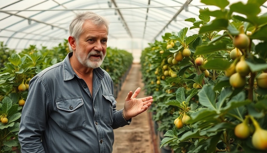 Man explaining fig trees in urban gardening inside a greenhouse.
