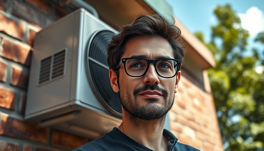 Man near air conditioner unit with financial figure overlay, vibrant style
