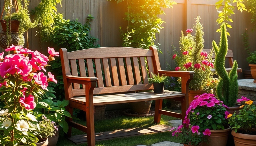 Eco-friendly backyard oasis with wooden bench and vibrant plants.