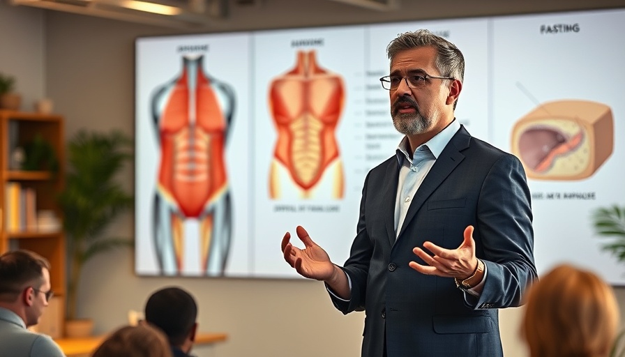 Speaker discussing health and wellness resources for fasting with medical illustrations in the background.