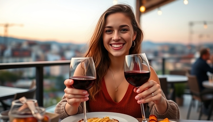Young woman enjoying Macedonian food on a terrace with wine.