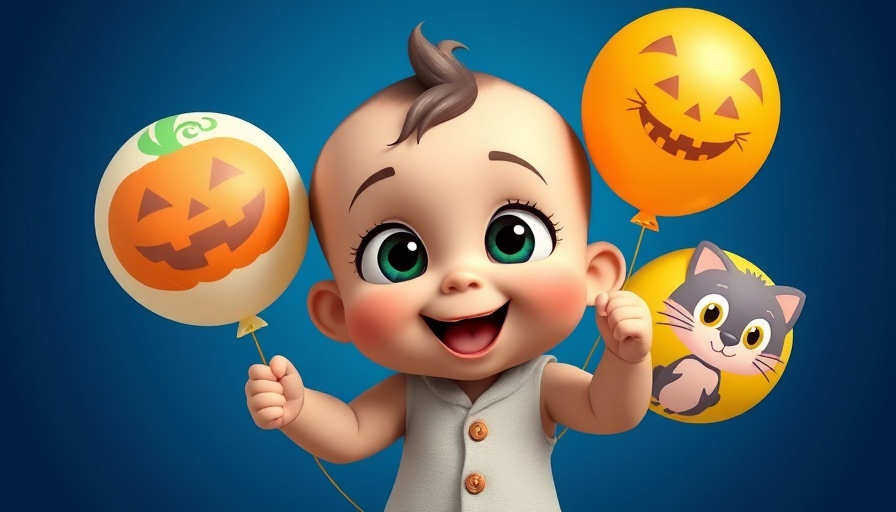 Animation of a baby holding fun balloons with designs.