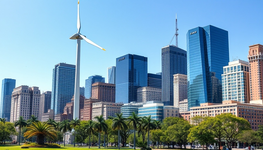 Sustainable manufacturing in Northeast Ohio with wind turbine and cityscape.
