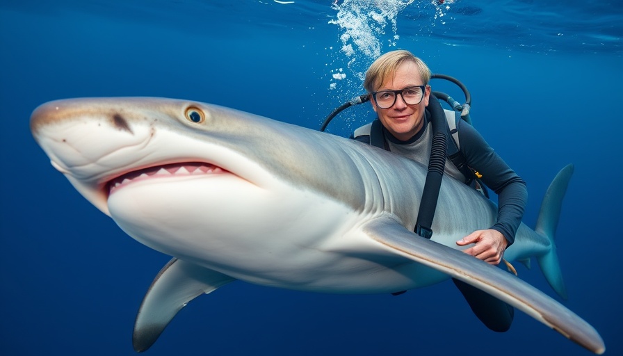 Shark diver showcasing environmental activism underwater in a deep blue ocean.