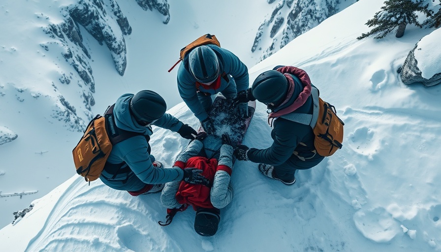 Aerial view of snowboarder rescue on snowy mountain.