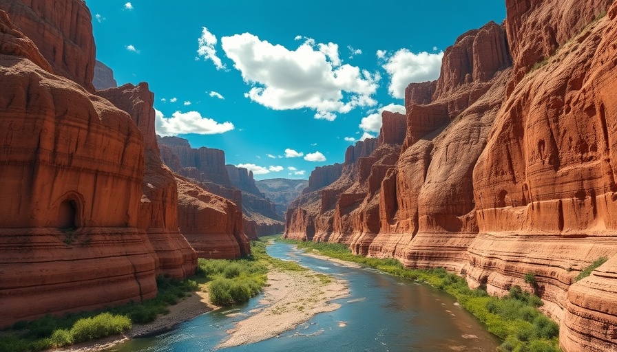 Gates of Lodore rafting scene with towering red rocks and river.
