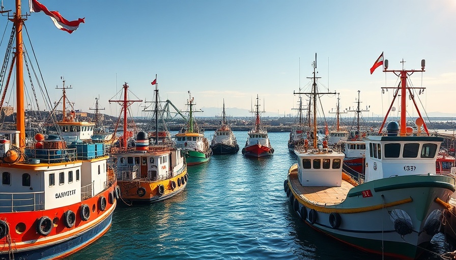 Fishing vessels at a vibrant dock represent Menhaden fisheries sustainability.