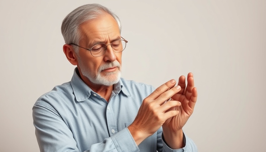 Elderly man shows bloating relief acupressure technique.