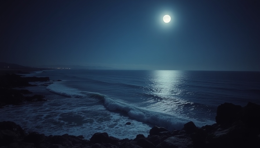 Moonlit ocean with rocky shore and distant lights, serene night scene.