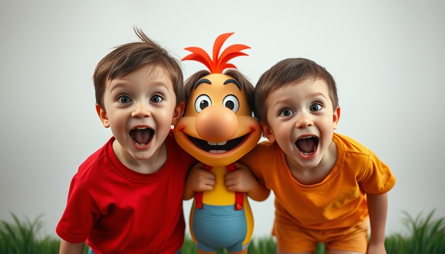 Playful kids with cartoon character in kid stories scene.