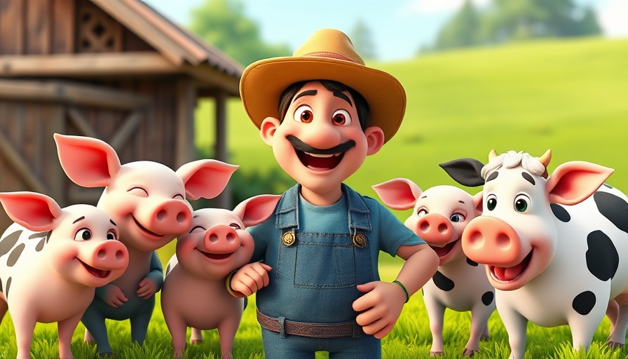 Children fun at animated farm with farmer, pigs, and cow.