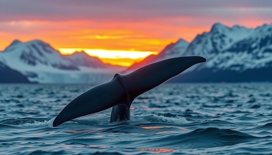 Whale tail in Glacier Bay National Park with mountain backdrop.