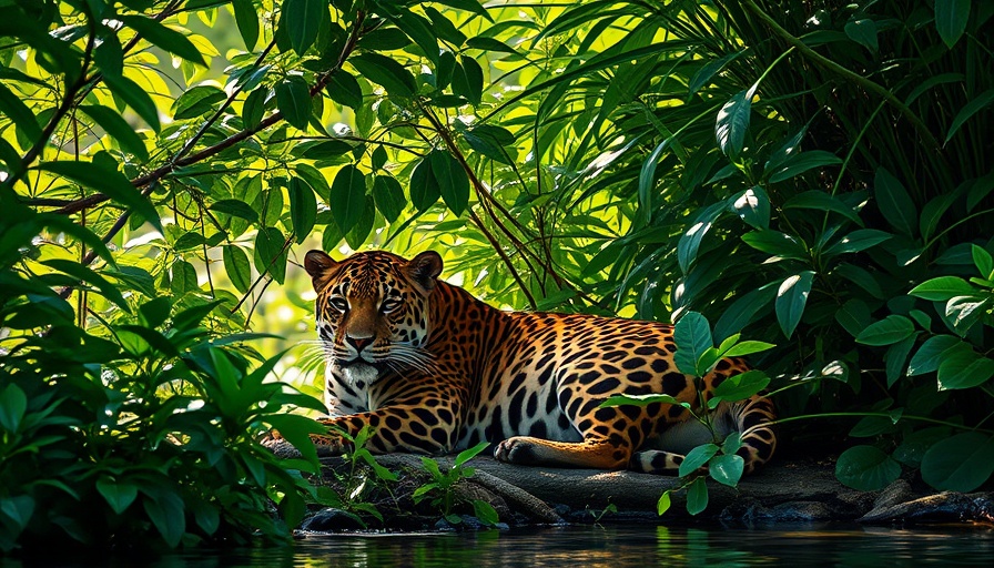Jaguar resting by riverbank in Brazilian foliage.