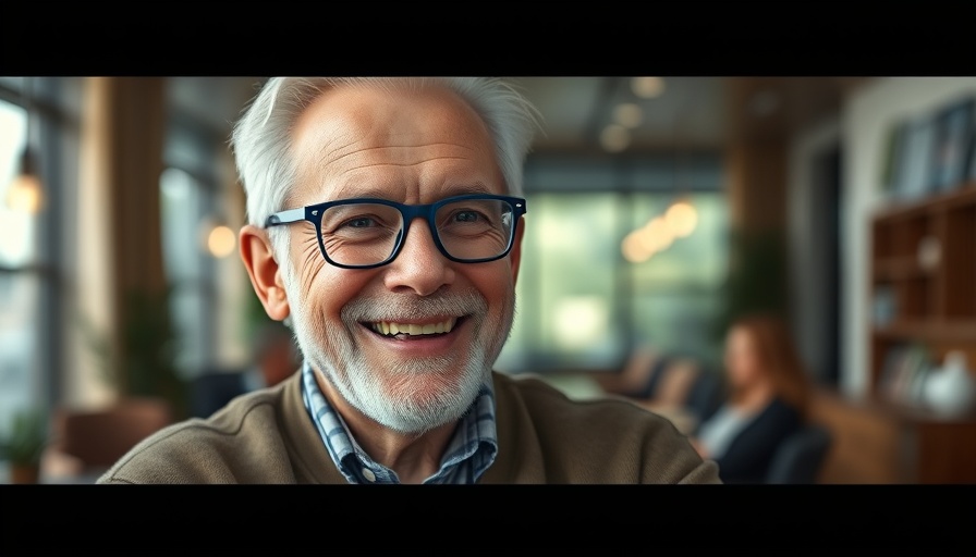 Smiling older man with blue rimmed glasses indoors.