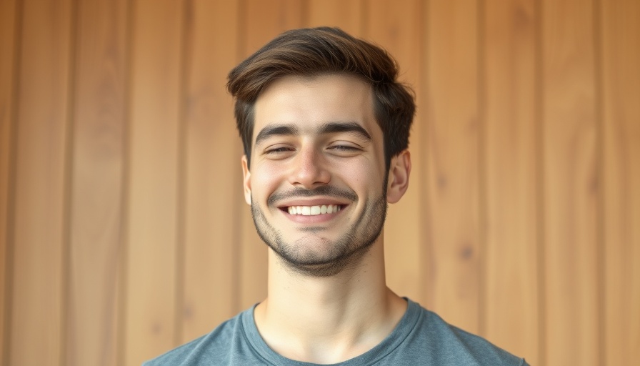 Young man indoors, smiling gently, wooden wall.