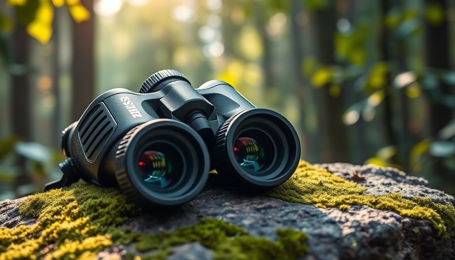 Close-up view of ZEISS SFL 10X50 binoculars in a forest setting.
