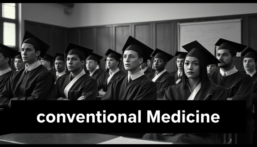 Vintage image of students in caps and gowns discussing conventional medicine.