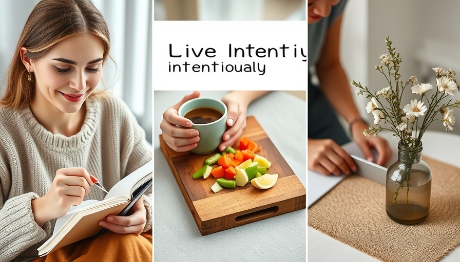 Collage of intentional living activities in a cozy setting.
