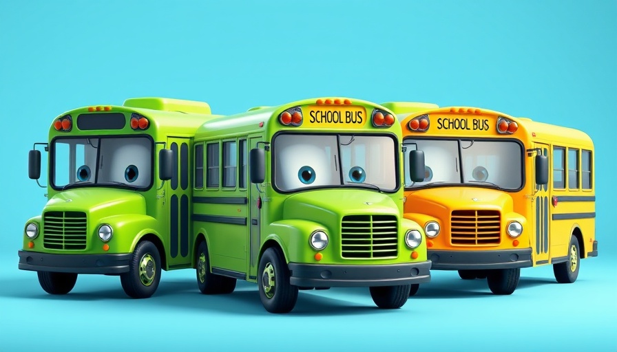 Children Fun with animated smiling buses, vibrant cartoon.