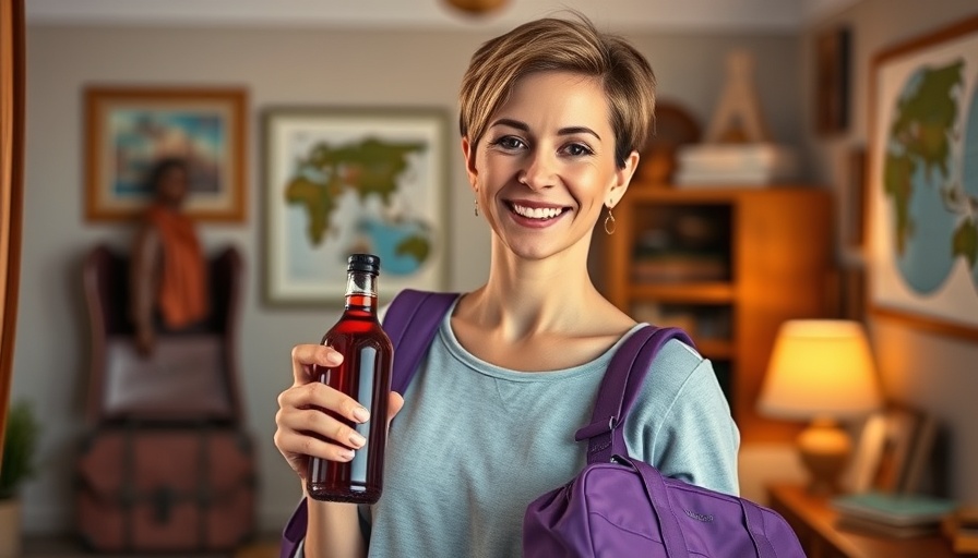Woman holding travel medication bag and bottle in decorative room.