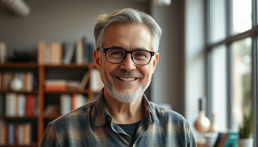 Man smiling indoors promoting healthy eating with books.