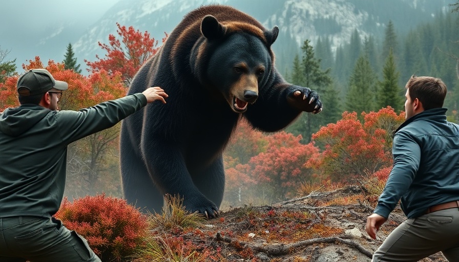 Dramatic black bear encounter in forest with two men, tense scene.