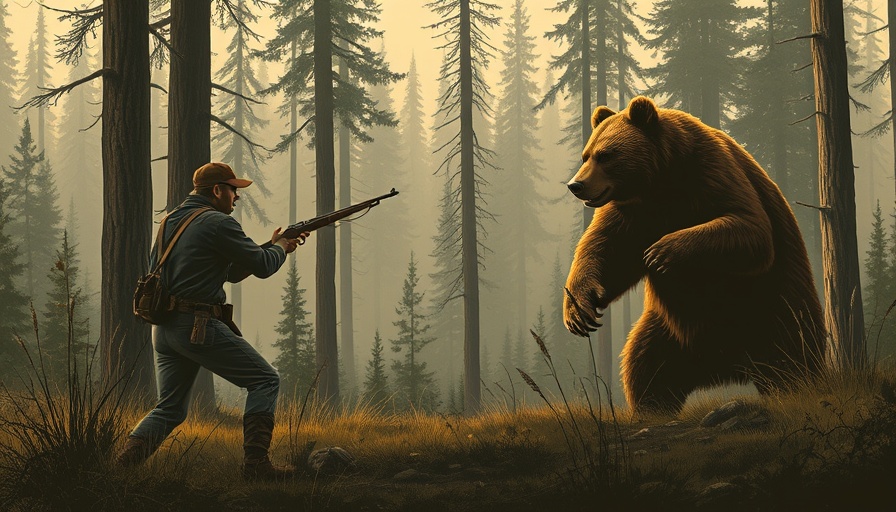 Dramatic bear encounter in a forest with hunters, bear encounters scene.