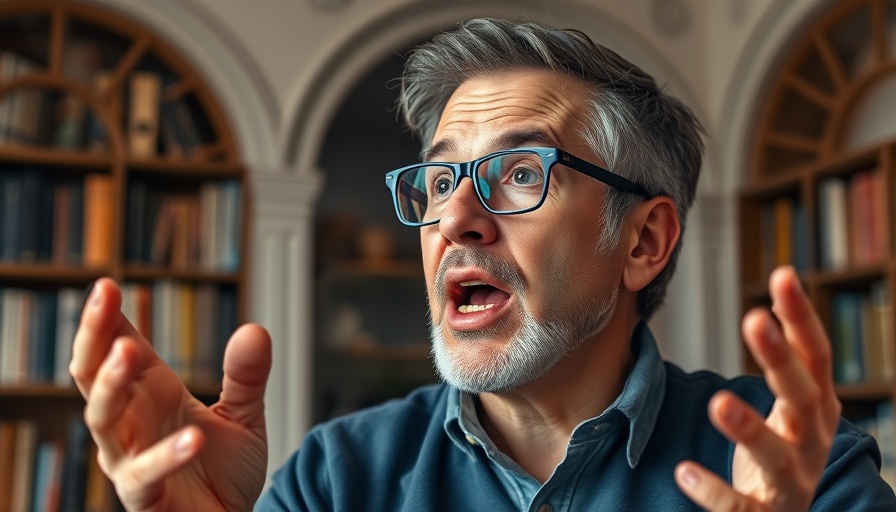 Man dispelling coffee myths, speaking passionately indoors.