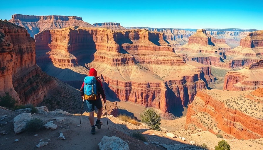 Backpacker on Boucher Trail in Grand Canyon sunshine.