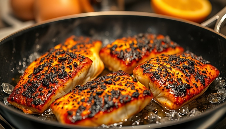 Close-up of sizzling blackened fish on a pan for Ohio menu