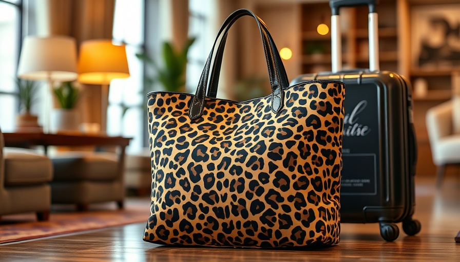 Leopard print travel tote bag with suitcase indoors.