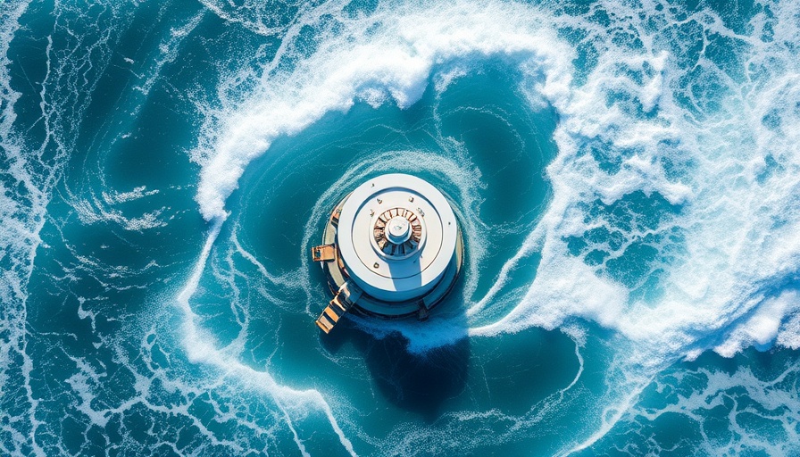 Wave power converter in ocean, aerial view with swirling water.