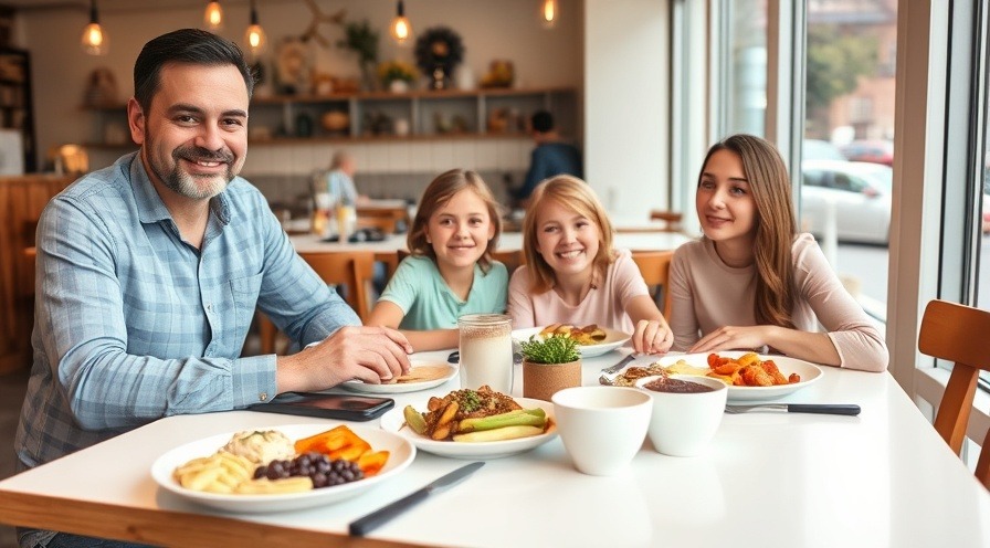 Happy patron with family enjoying breakfast at cafe table, smiling together.