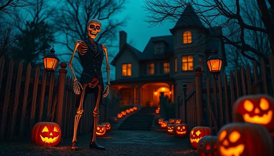 Entrance to Sir Henry's Haunted Trails Ghost Town with skeleton and pumpkins