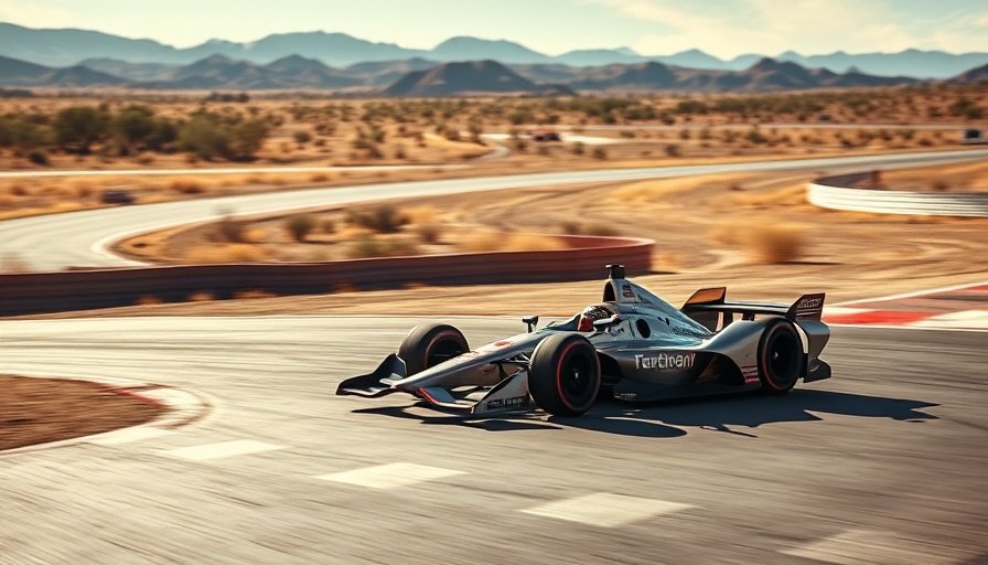 IndyCar racing at Thermal Club with sharp turn and scenic backdrop.